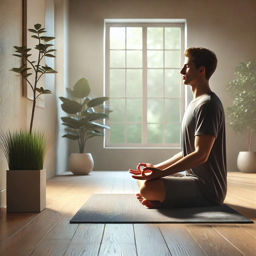 Person practicing a breathing exercise in a calm indoor setting