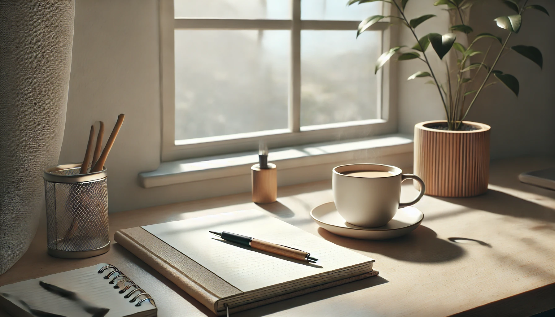 Motivational desk setup with coffee and notebook