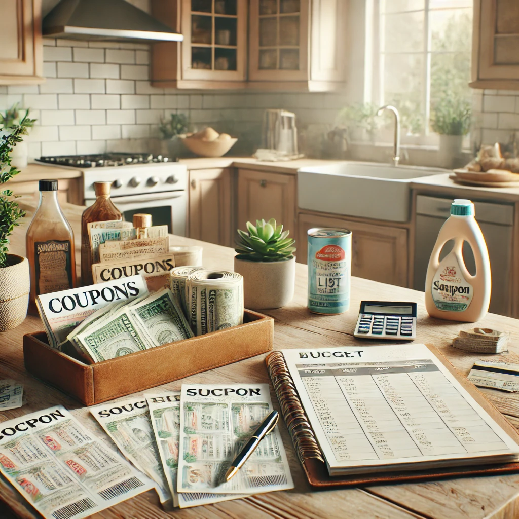 A kitchen table organized with budget-saving tools