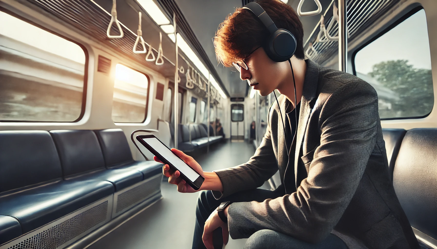 Person on a train learning with headphones