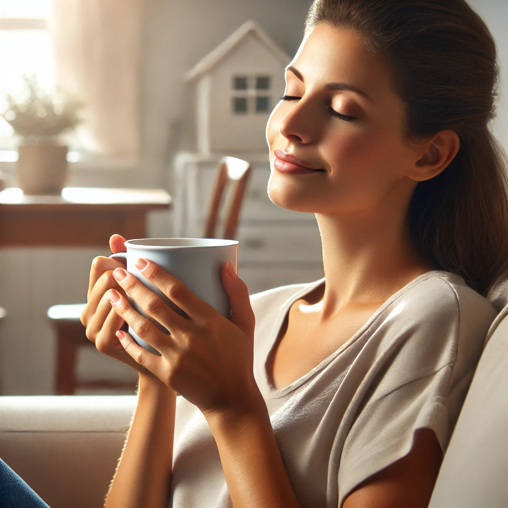 Relaxed parent holding a cup of tea in a cozy living room
